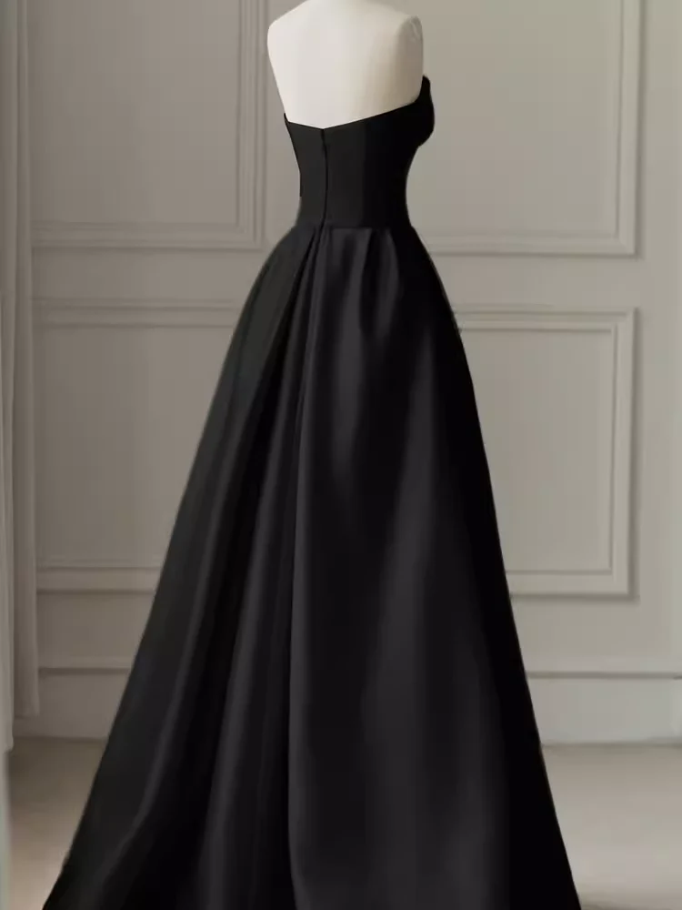Modest A Line Strapless Long Satin Black Prom Dresses P1237 - Image 3