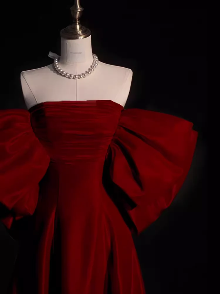 Modest A Line Strapless Long Short Sleeves Satin Red Prom Dresses P1236 - Image 5