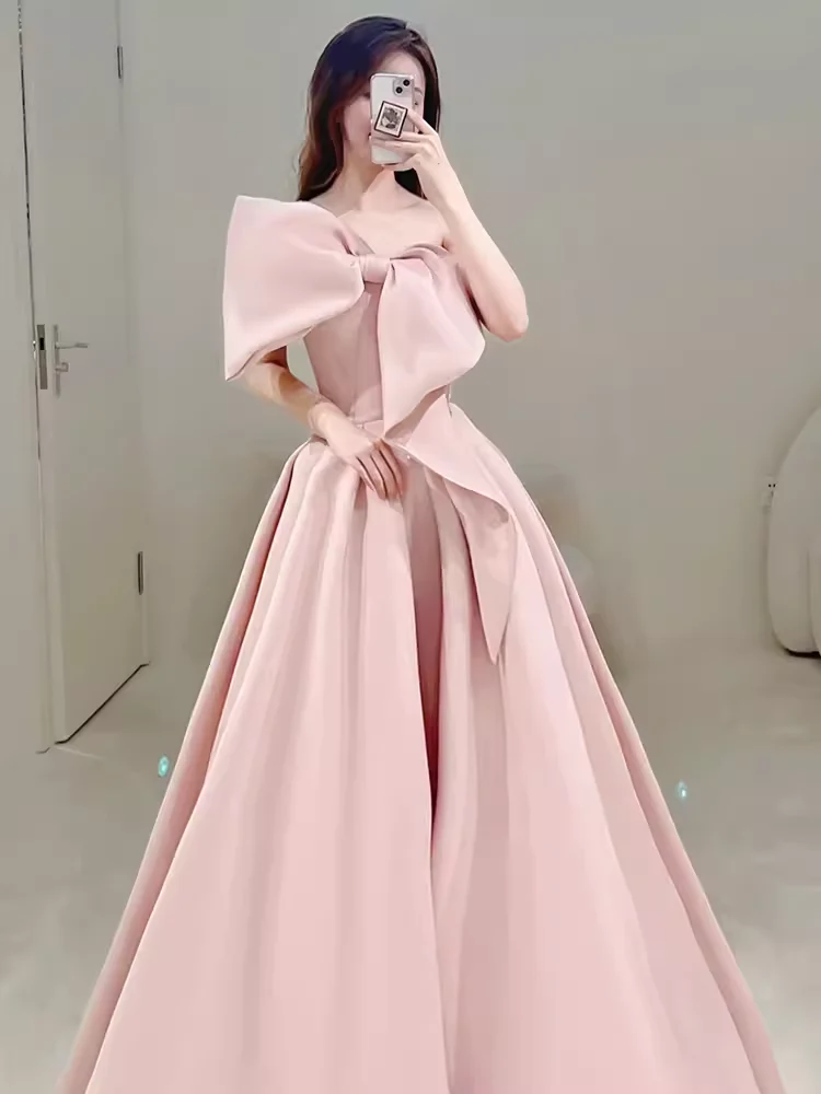 Modest A Line Strapless Long Sleeveless Satin Pink Prom Dresses P1233 - Image 2