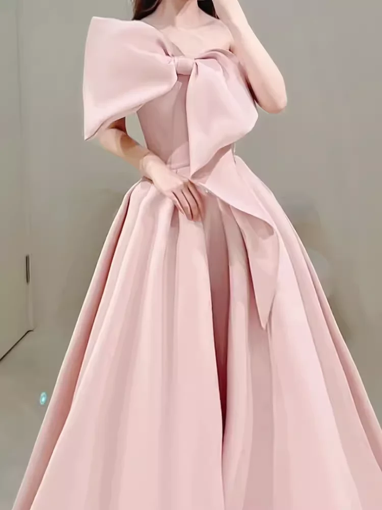 Modest A Line Strapless Long Sleeveless Satin Pink Prom Dresses P1233 - Image 3