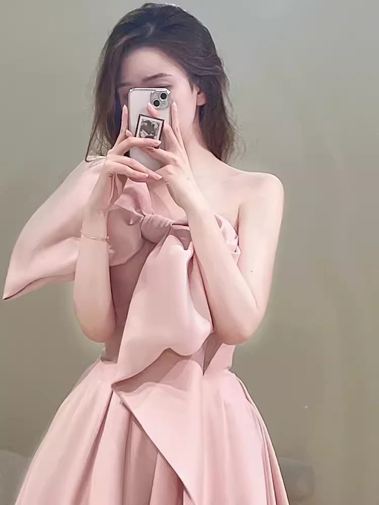 Modest A Line Strapless Long Sleeveless Satin Pink Prom Dresses P1233 - Image 5