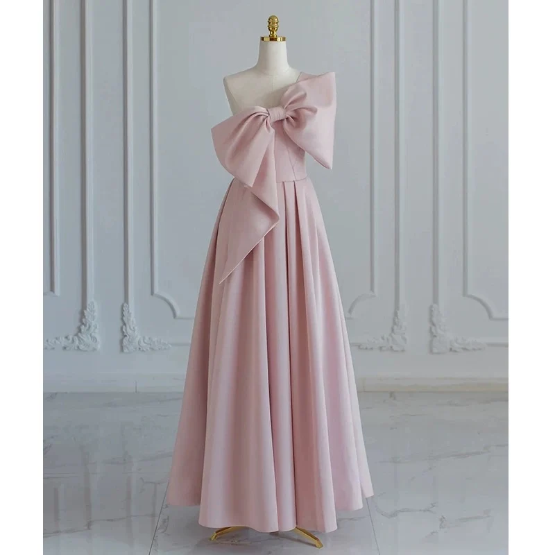 Modest A Line Strapless Long Sleeveless Satin Pink Prom Dresses P1233 - Image 7