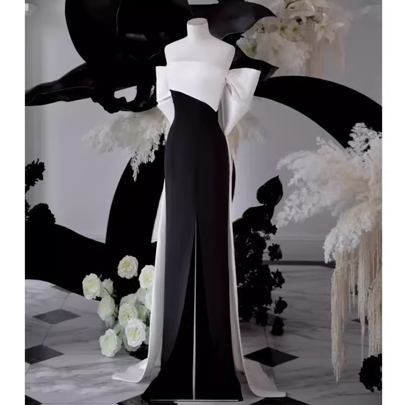 Modest A Line Strapless Long Sleeveless Satin Black Prom Dresses P1234 - Image 2
