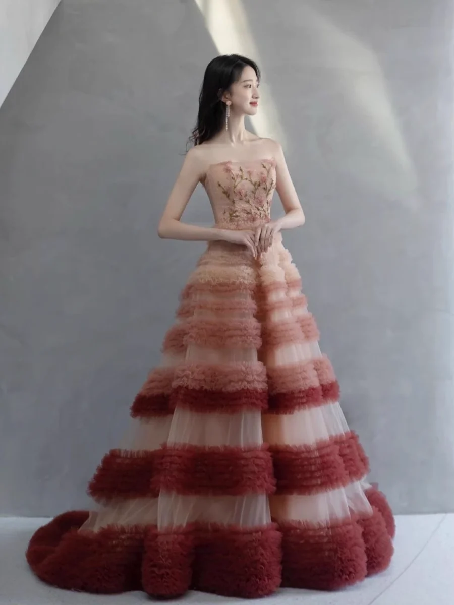 Modest Ball Gown Strapless Pink Tulle Flowers Long Prom Dresses P514 - Image 3