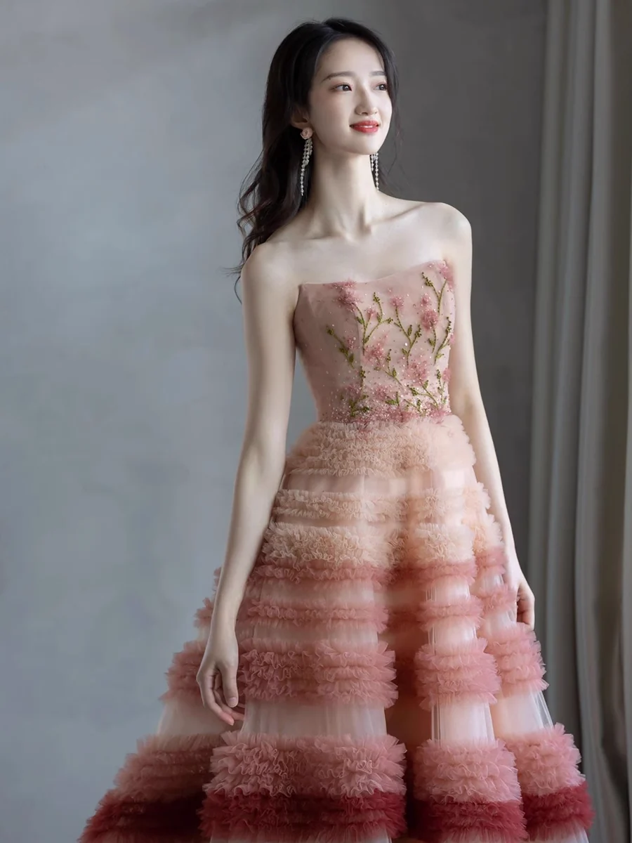 Modest Ball Gown Strapless Pink Tulle Flowers Long Prom Dresses P514 - Image 5