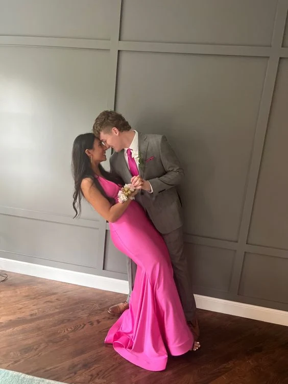 Modest Mermaid Long Satin Pink Prom Dresses P1242