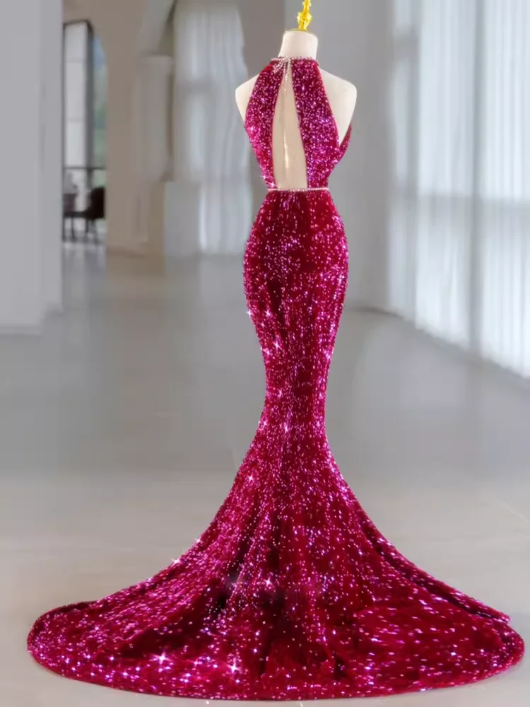 Modest Mermaid Long Sleeveless Sequin Prom Dresses P1232 - Image 5