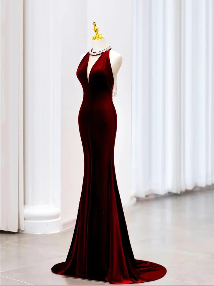 Modest Mermaid Scoop Neckline Burgundy Velvet Long Party Dress Prom Dress P2333 - Image 2