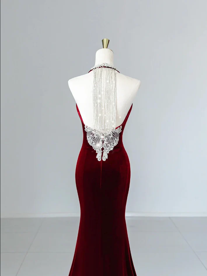 Modest Mermaid Scoop Neckline Burgundy Velvet Long Party Dress Prom Dress P2333 - Image 4