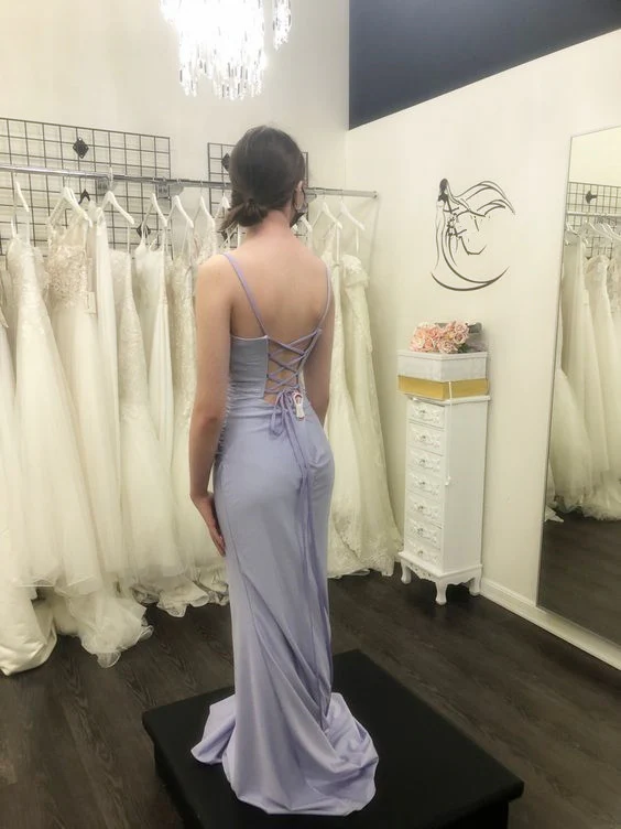 Modest Mermaid Straps Lilac Backless Prom Dress P1433 - Image 2