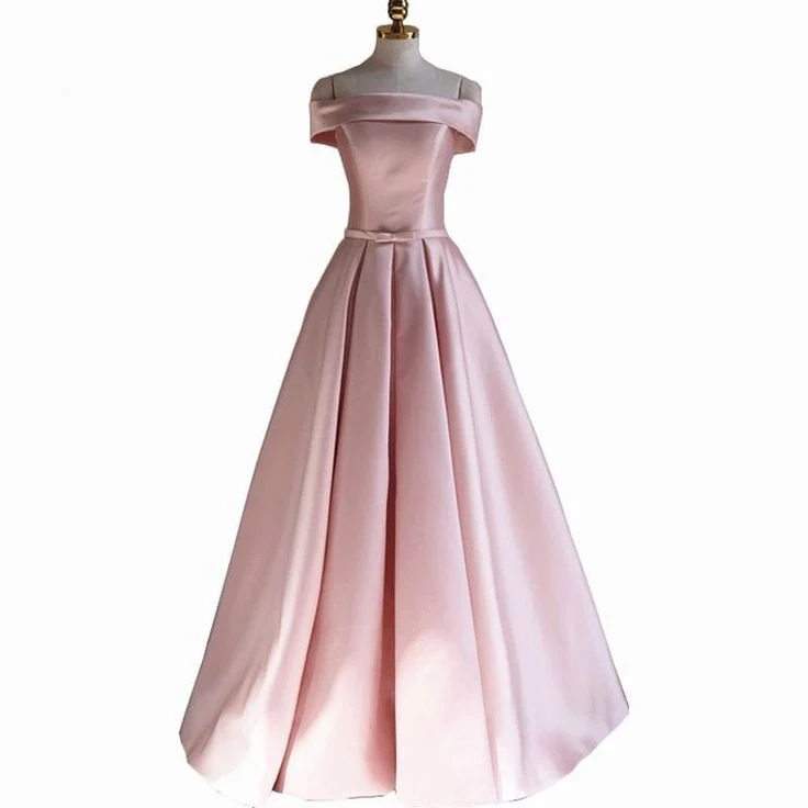 Modest Pink Satin Off The Shoulder Long Bridesmaid Dress Prom Dresses P2414 - Image 4