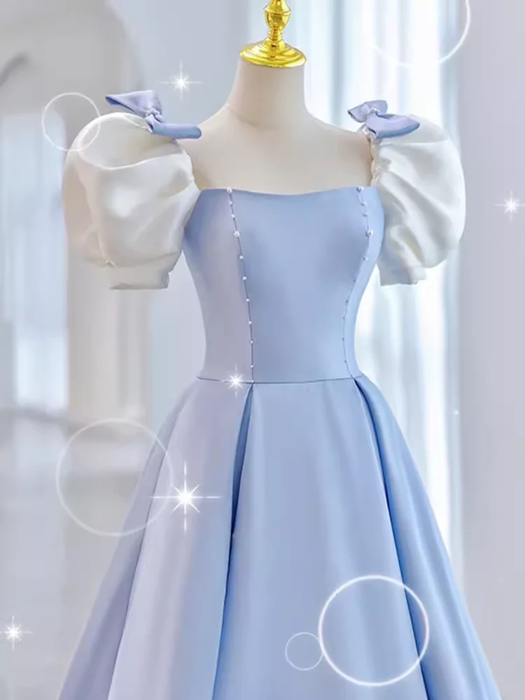 Modest Princess Short Sleeves Long Blue Satin Prom Dress P1426 - Image 2