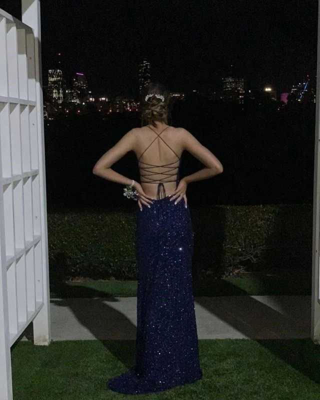 Navy Blue Sequin Long Prom Dresses With Slits Open Back Graduation Dress P1169 - Image 2