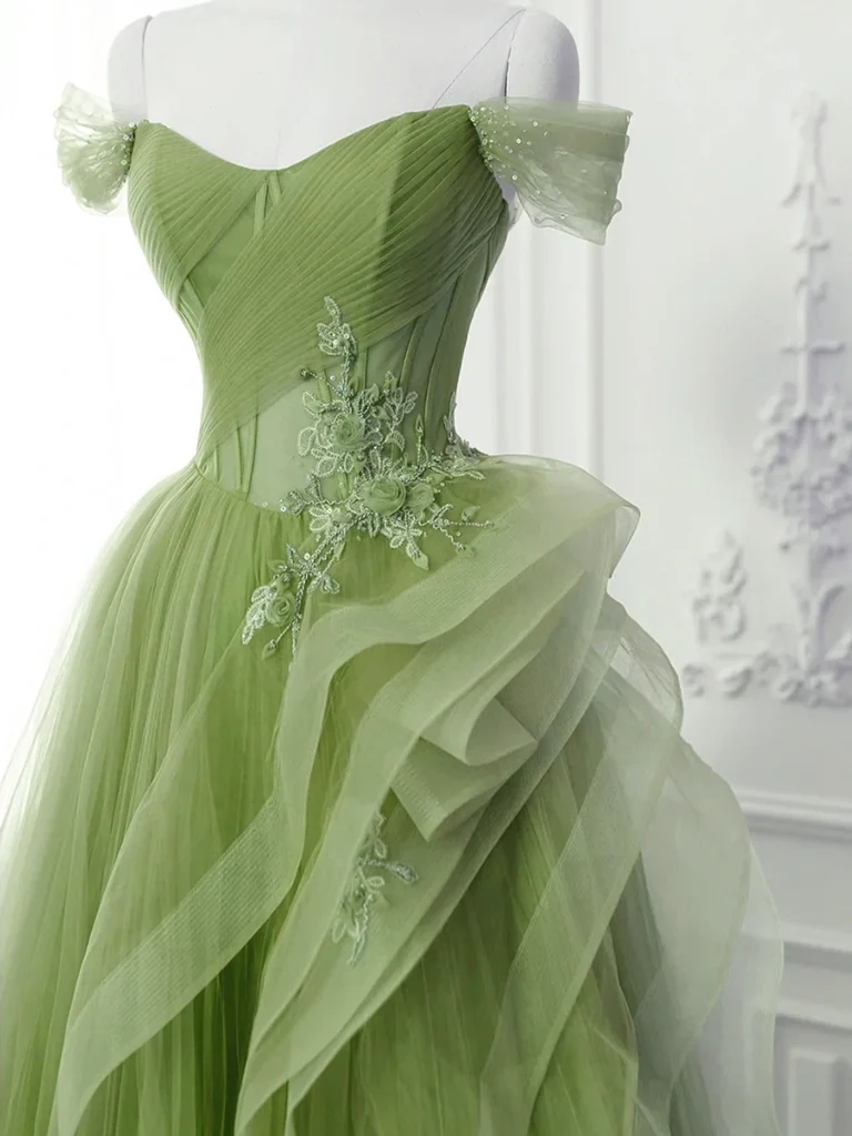 New Arrival A-Line Tulle Lace Green Long Prom Dress, Green lace Long Formal Dress P2321 - Image 2