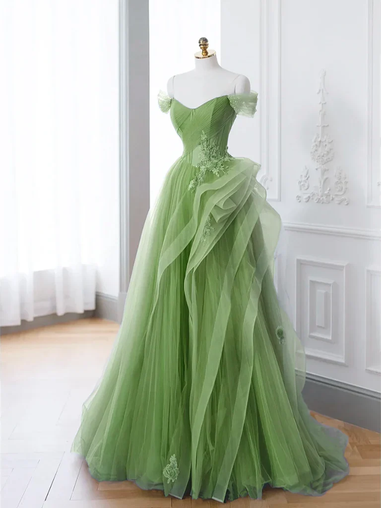 New Arrival A-Line Tulle Lace Green Long Prom Dress, Green lace Long Formal Dress P2321 - Image 3