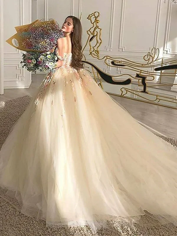 Off the Shoulder Champagne Lace Floral Long Prom Dresses Birthday Outfits P2195 - Image 3