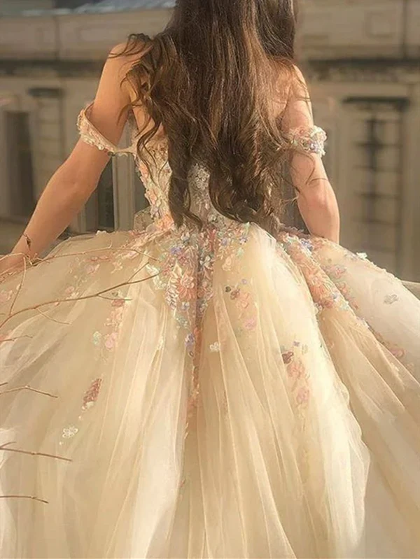 Off the Shoulder Champagne Lace Floral Long Prom Dresses Birthday Outfits P2195 - Image 4