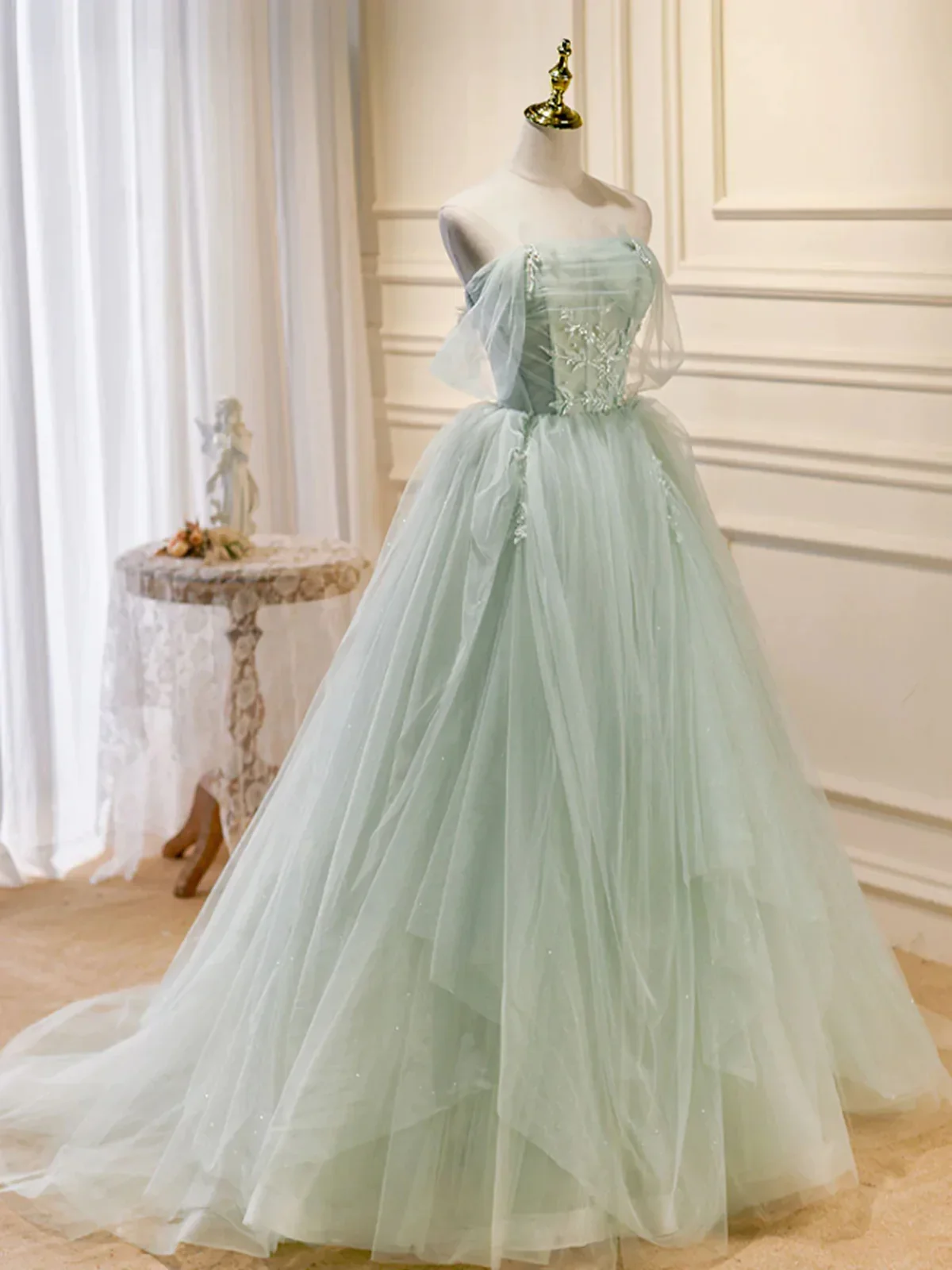 Off the Shoulder Green Tulle Long Prom Dresses P2199 - Image 2