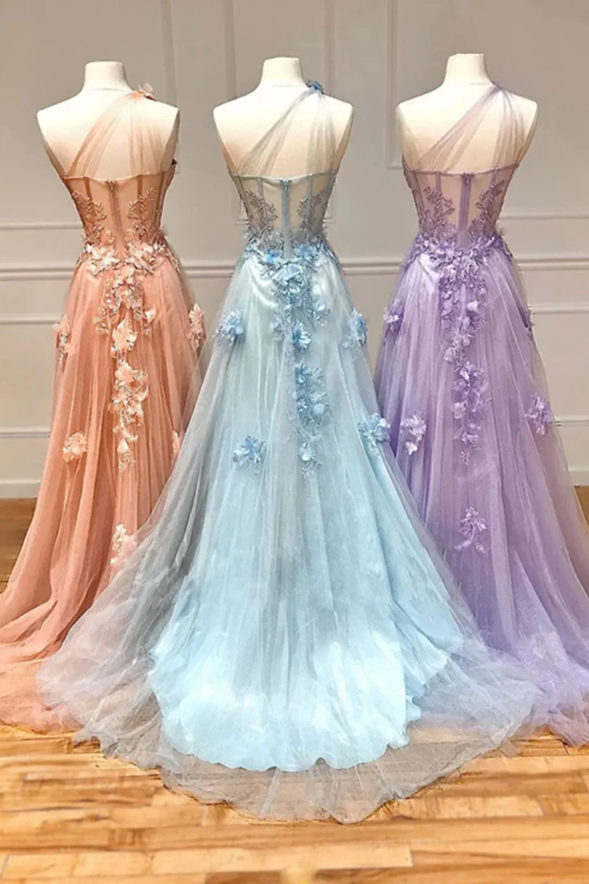 One Shoulder Pink/Blue/Purple Lace Floral Long Prom Dresses P2203 - Image 3