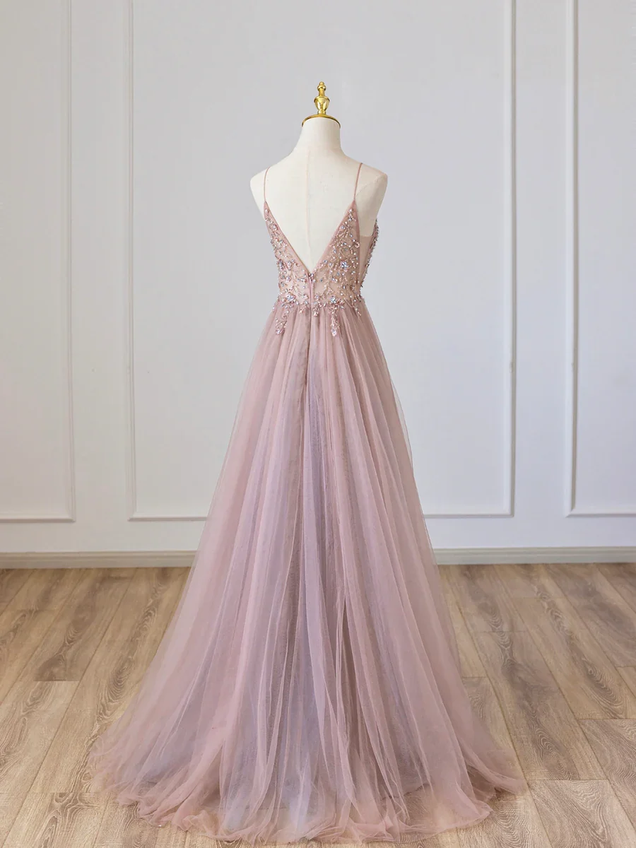 Pink V-Neck Tulle Long Prom Dress with Beaded P675 - Image 2