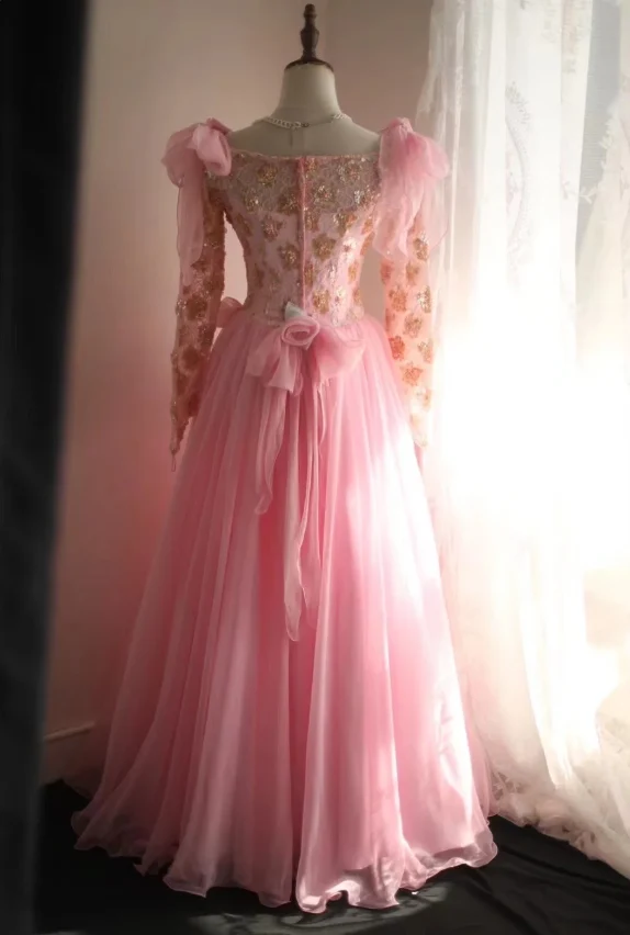 Pink Vintage Hand-beaded Long Sleeve Tulle A-line Floor-length Wedding Dress P2837 - Image 2