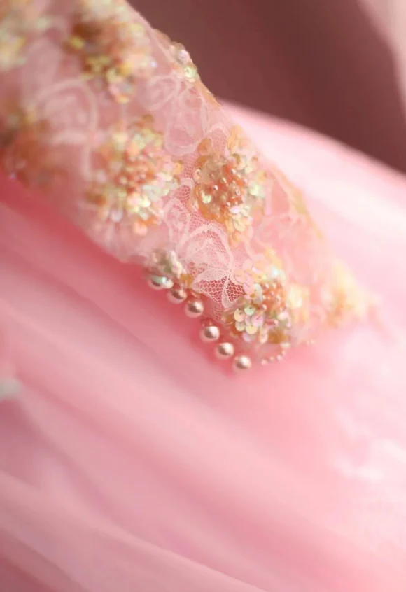 Pink Vintage Hand-beaded Long Sleeve Tulle A-line Floor-length Wedding Dress P2837 - Image 5