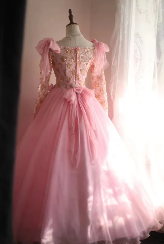 Pink Vintage Hand-beaded Long Sleeve Tulle A-line Floor-length Wedding Dress P2837 - Image 6