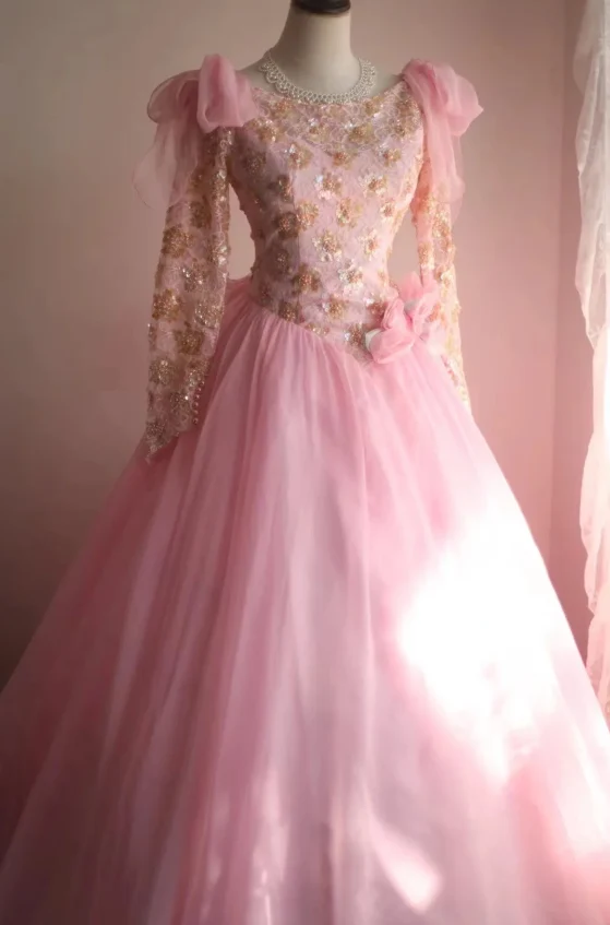 Pink Vintage Hand-beaded Long Sleeve Tulle A-line Floor-length Wedding Dress P2837 - Image 7
