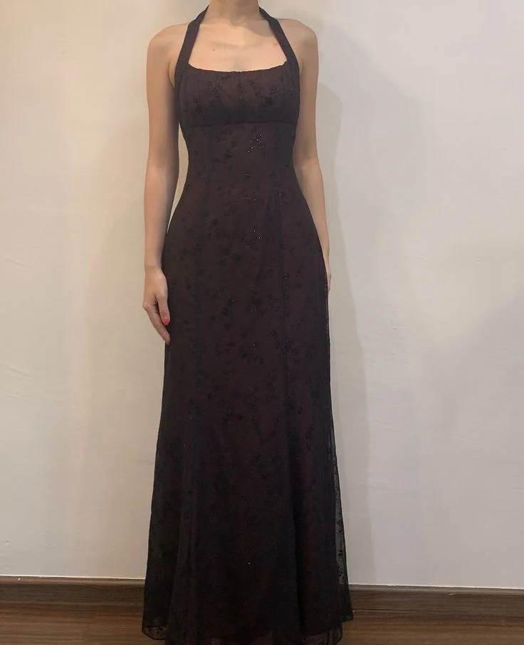 Pretty A line Halter Black Floor Length Evening Dress Tulle Prom Dresses P2386