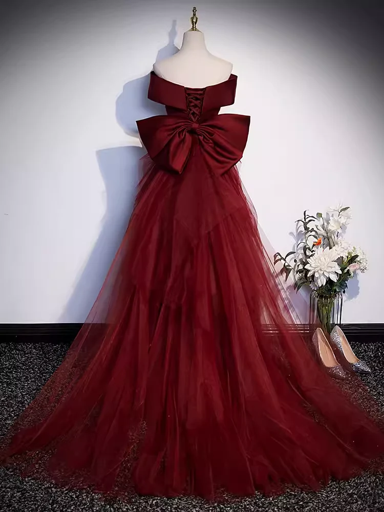 Pretty A line Off The Shoulder Burgundy Satin Long Evening Party Dress Prom Dresses With Bow PD0044 - Image 4
