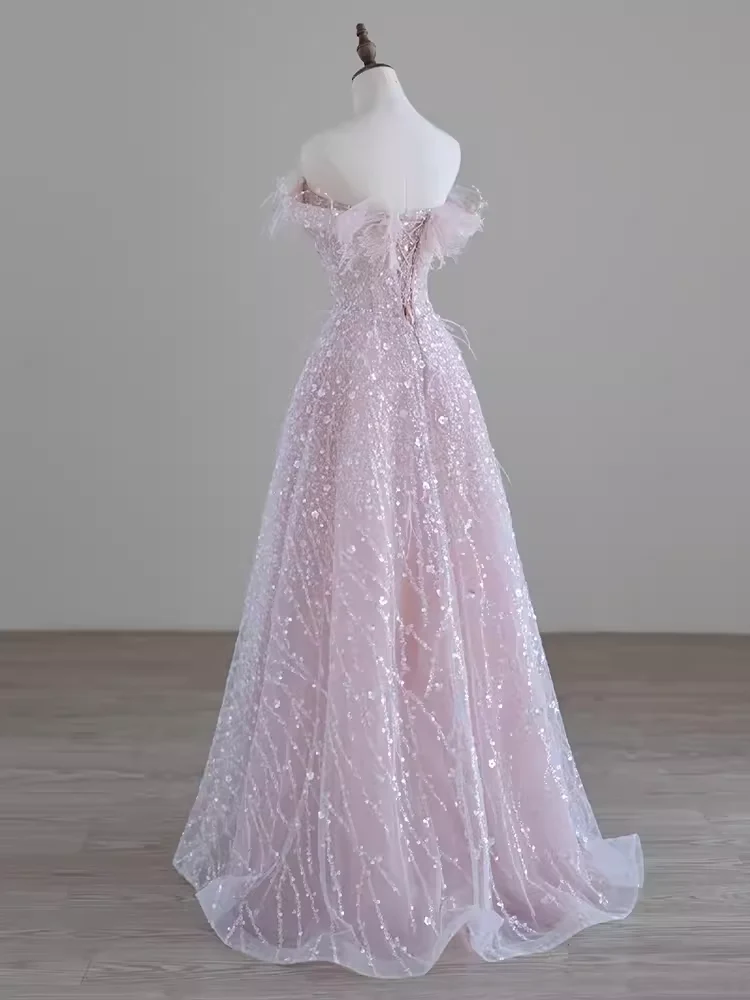 Pretty A line Off The Shoulder Pink Sequin Long Evening Party Dress Prom Dresses PD0045 - Image 5