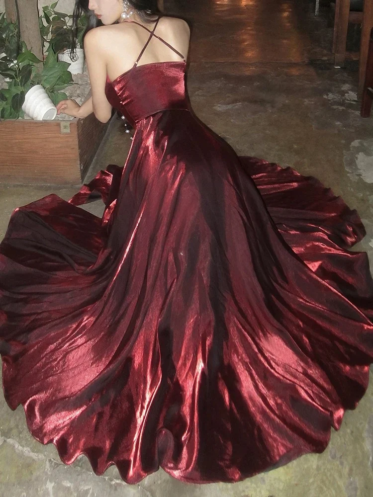 Pretty A Line Spaghetti Straps Burgundy Satin Prom Dresses Evening Gowns Birthday Dress P2347 - Image 2