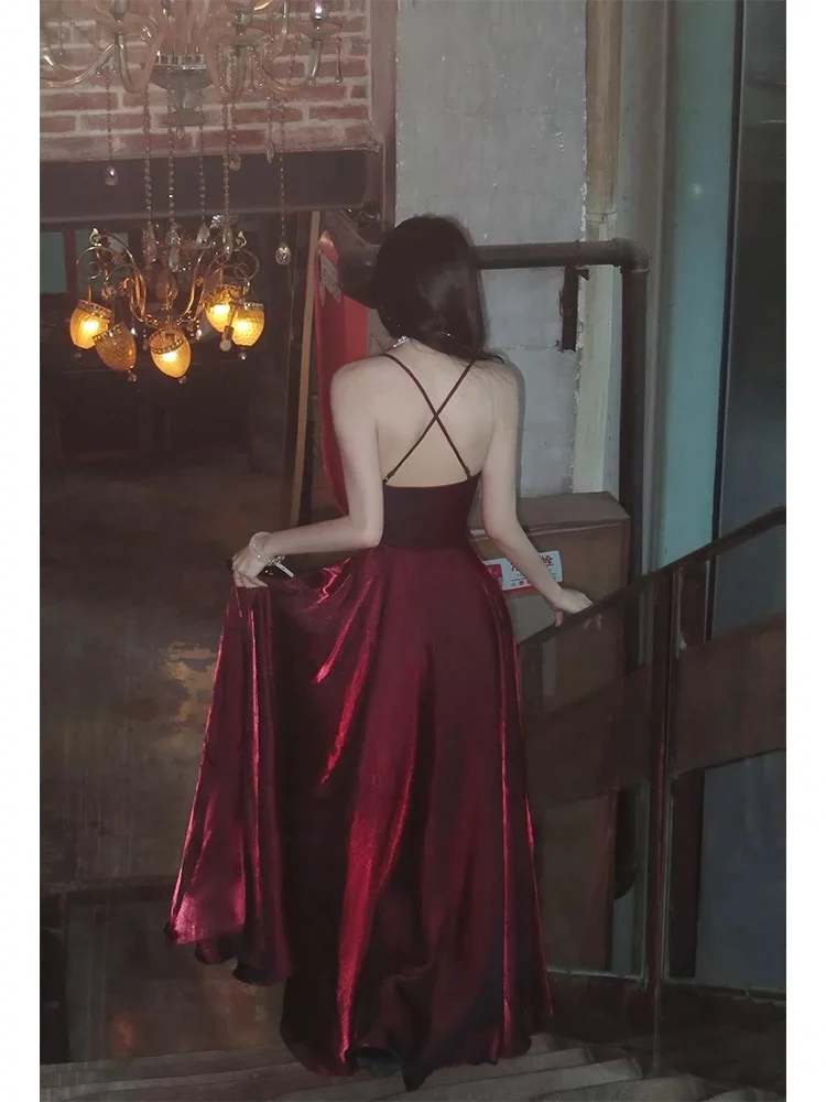 Pretty A Line Spaghetti Straps Burgundy Satin Prom Dresses Evening Gowns Birthday Dress P2347 - Image 3