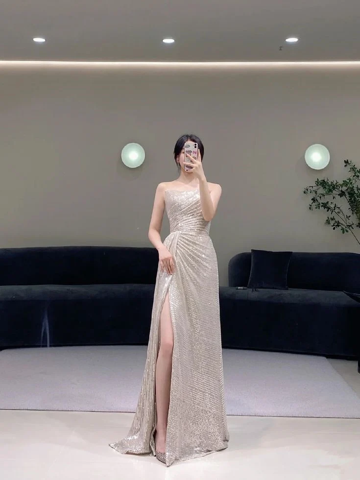 Pretty A Line Strapless Sequin Evening Dress Long Slit Prom Dresses P2331