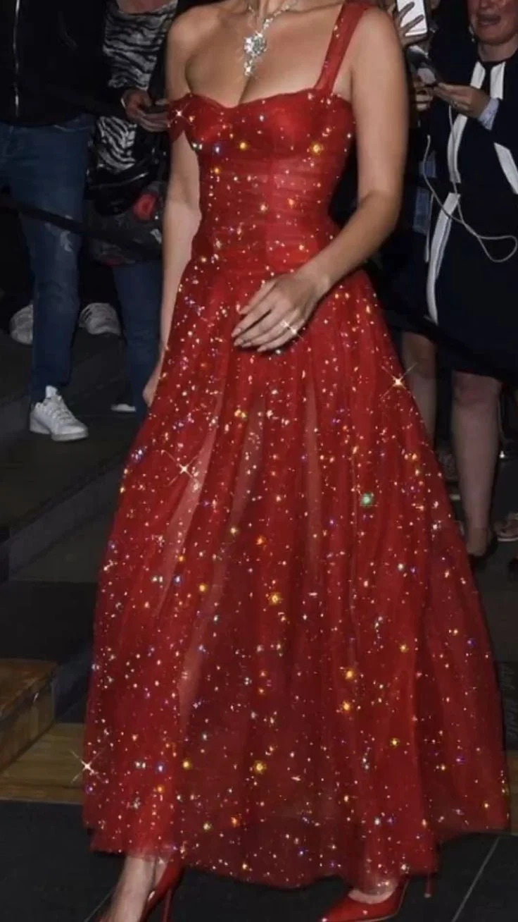 Pretty A Line Straps Red Ankle Length Evening Dress Tulle Prom Dresses P2337 - Image 2