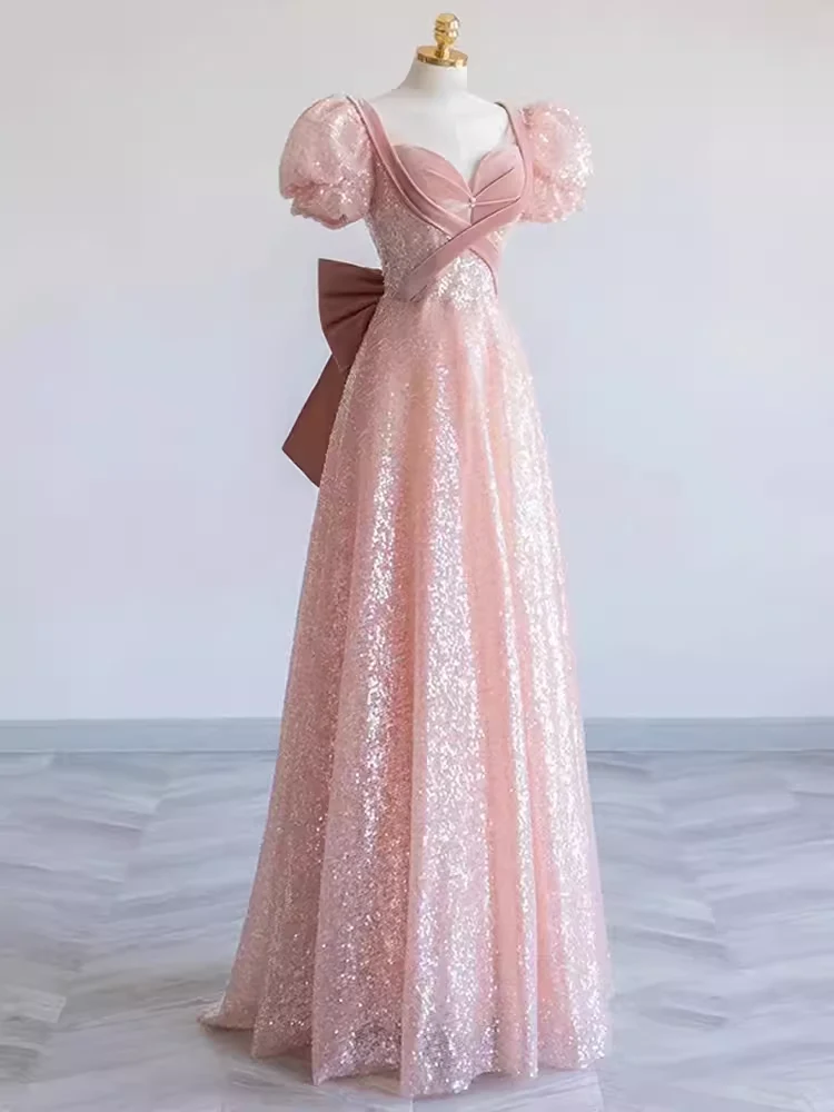 Pretty A line Sweetheart Short Sleeves Long Evening Party Dress Pink Prom Dresses PD0053
