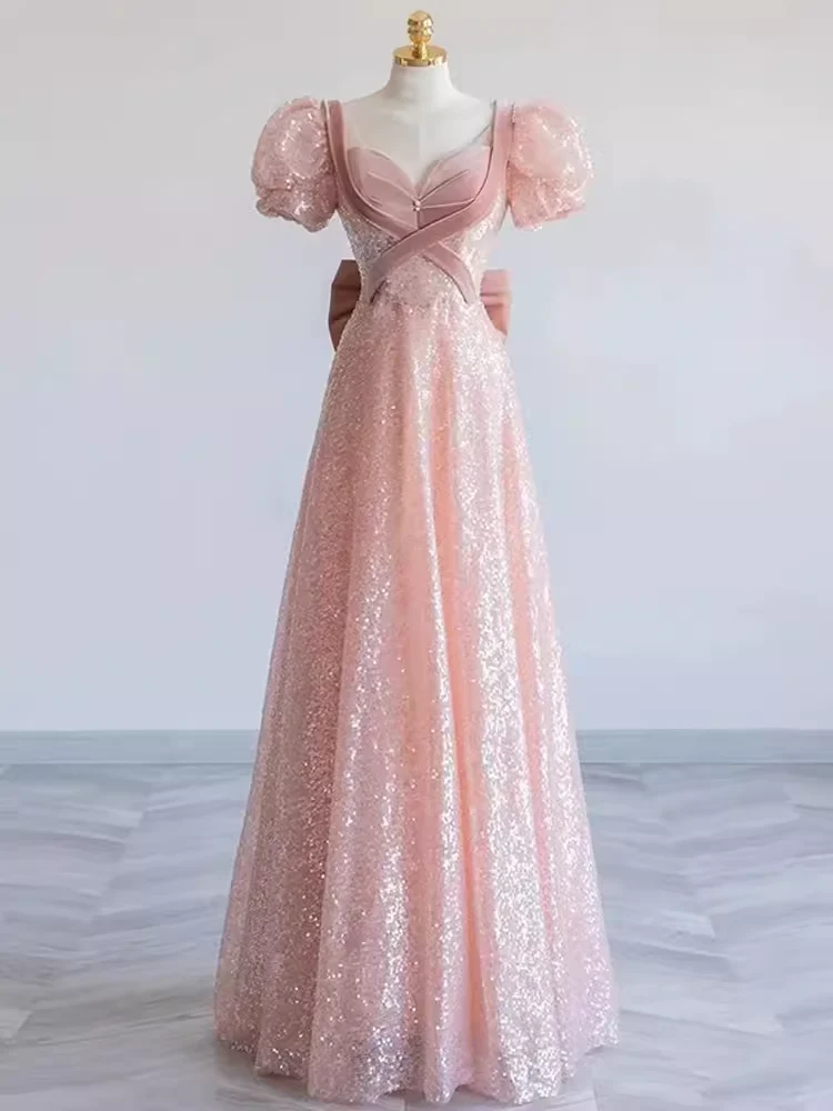 Pretty A line Sweetheart Short Sleeves Long Evening Party Dress Pink Prom Dresses PD0053 - Image 2