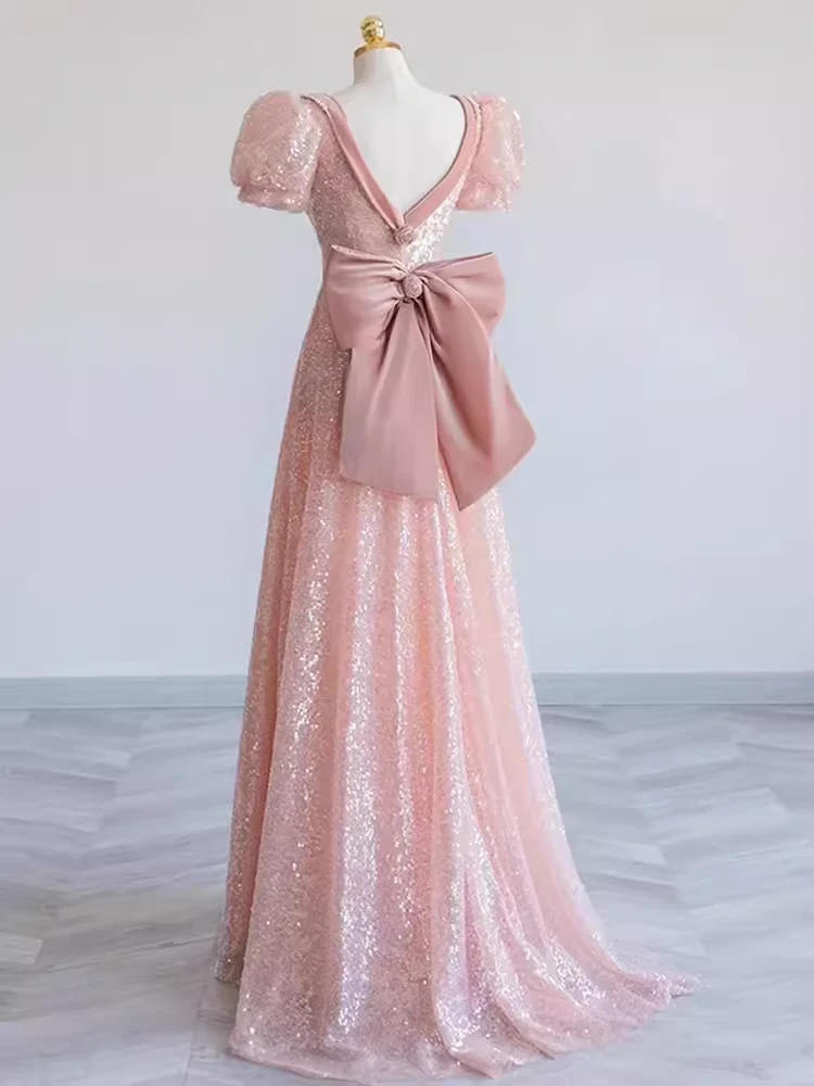 Pretty A line Sweetheart Short Sleeves Long Evening Party Dress Pink Prom Dresses PD0053 - Image 3