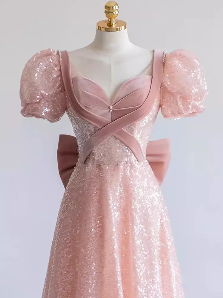 Pretty A line Sweetheart Short Sleeves Long Evening Party Dress Pink Prom Dresses PD0053 - Image 4