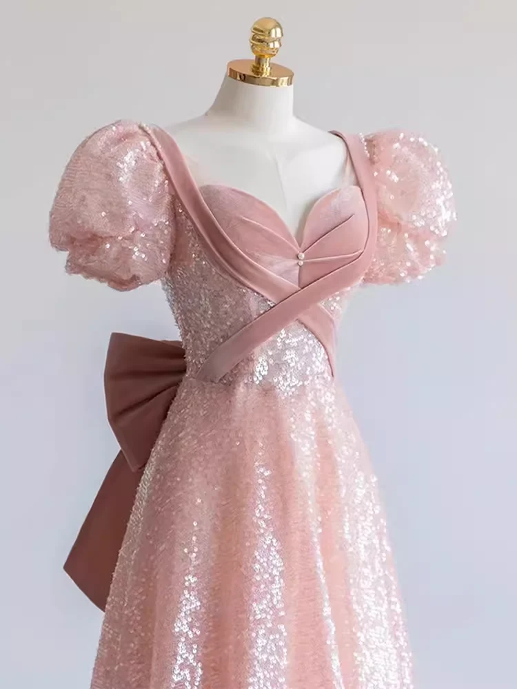 Pretty A line Sweetheart Short Sleeves Long Evening Party Dress Pink Prom Dresses PD0053 - Image 5