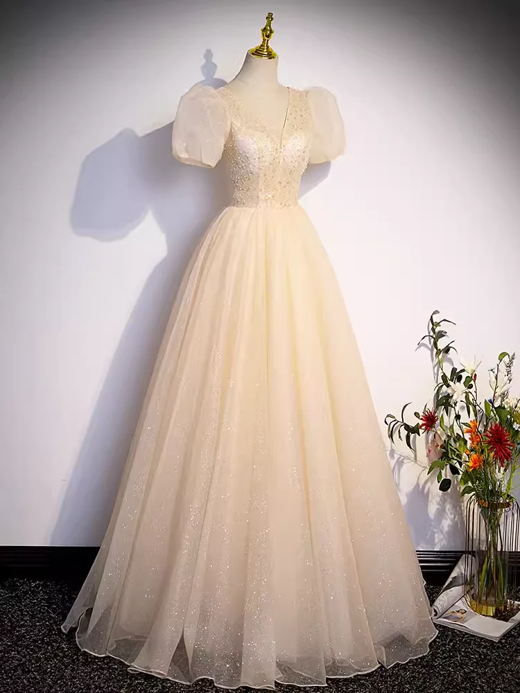 Pretty A line V Neckline Short Sleeves Long Evening Party Dress Prom Dresses PD0052 - Image 5