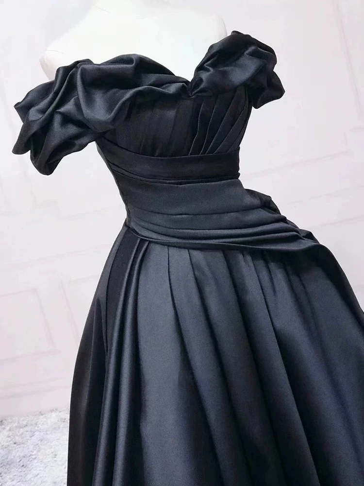 Pretty Ball Gown Off The Shoulder Black Satin Prom Dresses Evening Dress With Pleated P2462 - Image 2