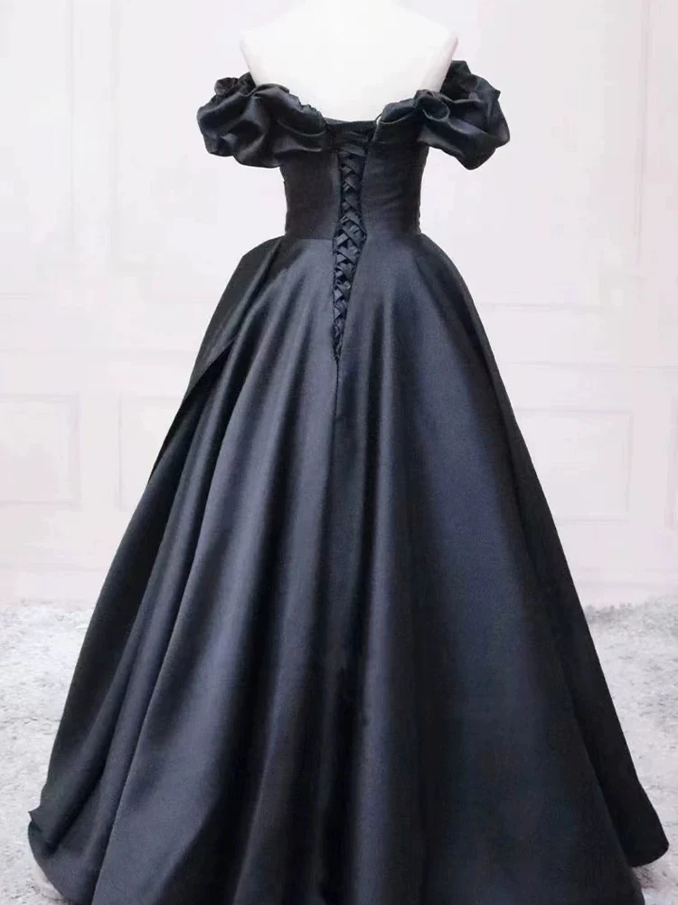 Pretty Ball Gown Off The Shoulder Black Satin Prom Dresses Evening Dress With Pleated P2462 - Image 3