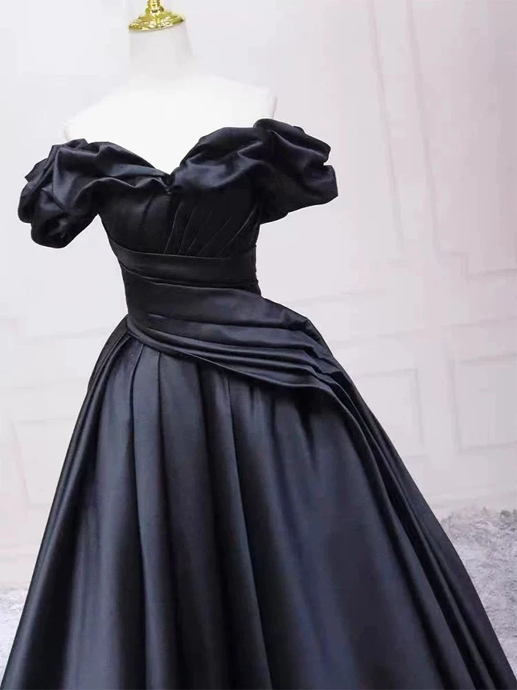 Pretty Ball Gown Off The Shoulder Black Satin Prom Dresses Evening Dress With Pleated P2462 - Image 4