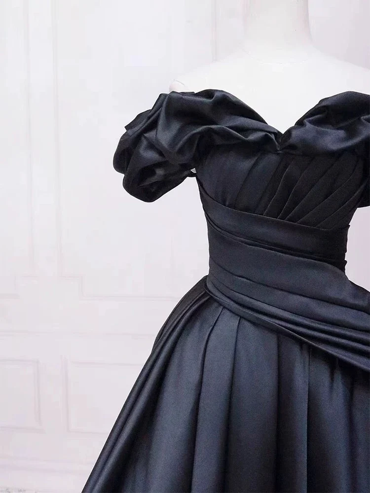 Pretty Ball Gown Off The Shoulder Black Satin Prom Dresses Evening Dress With Pleated P2462 - Image 5
