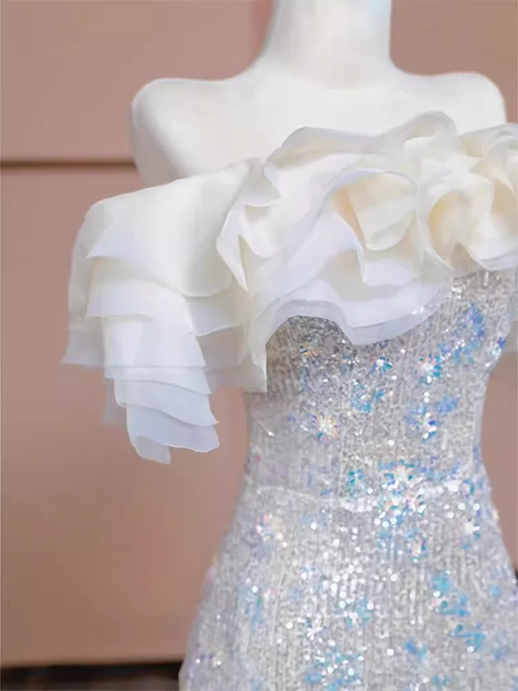 Pretty Mermaid Off The Shoulder Sequin Long Evening Party Dress Prom Dresses PD0039 - Image 3