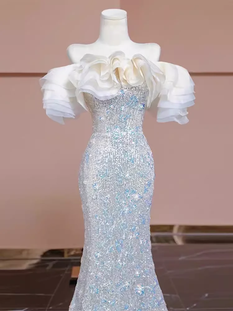 Pretty Mermaid Off The Shoulder Sequin Long Evening Party Dress Prom Dresses PD0039 - Image 5