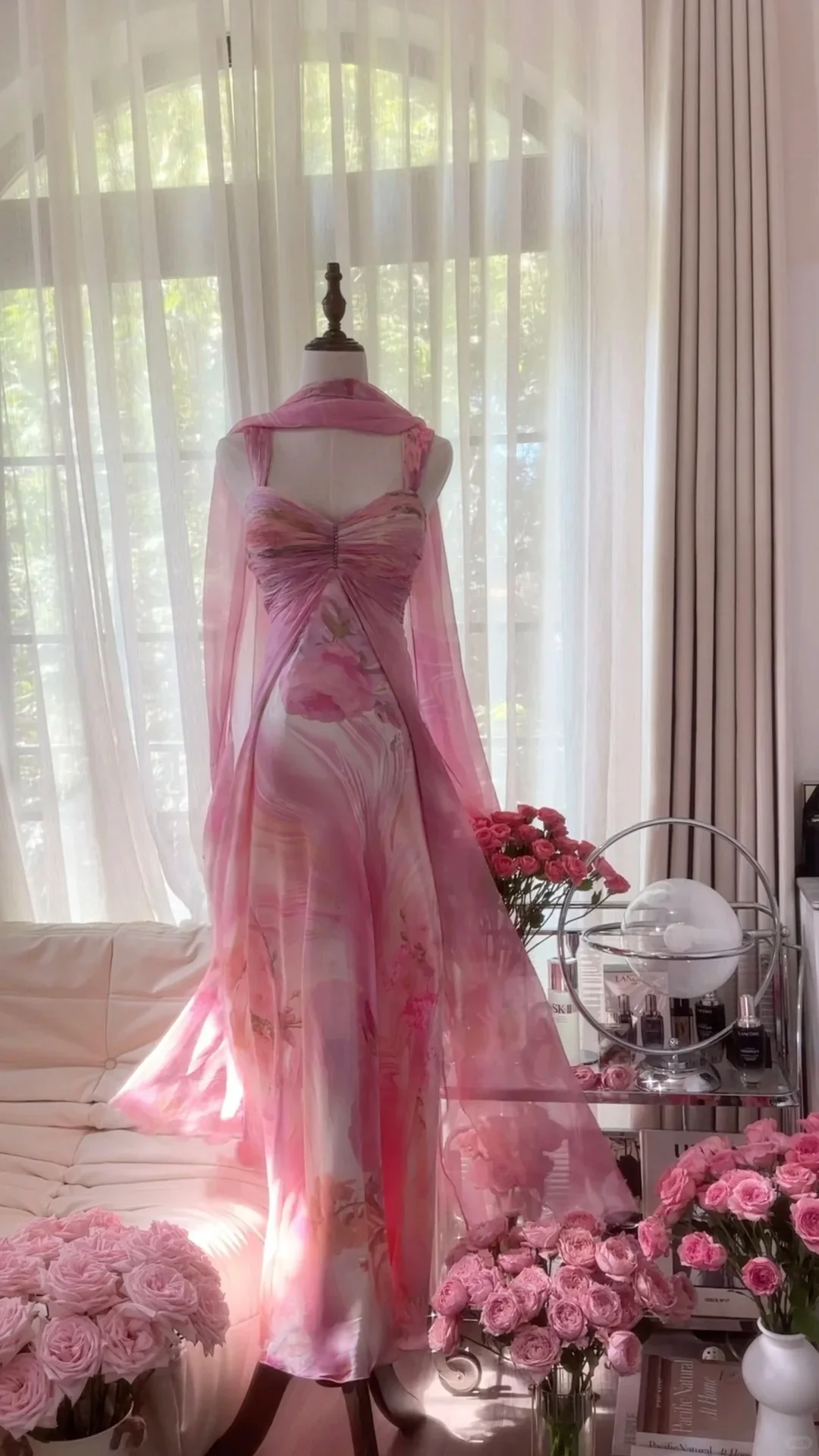 Pretty Pink Chiffon Print Long Flowing Prom Dress P3354 - Image 2