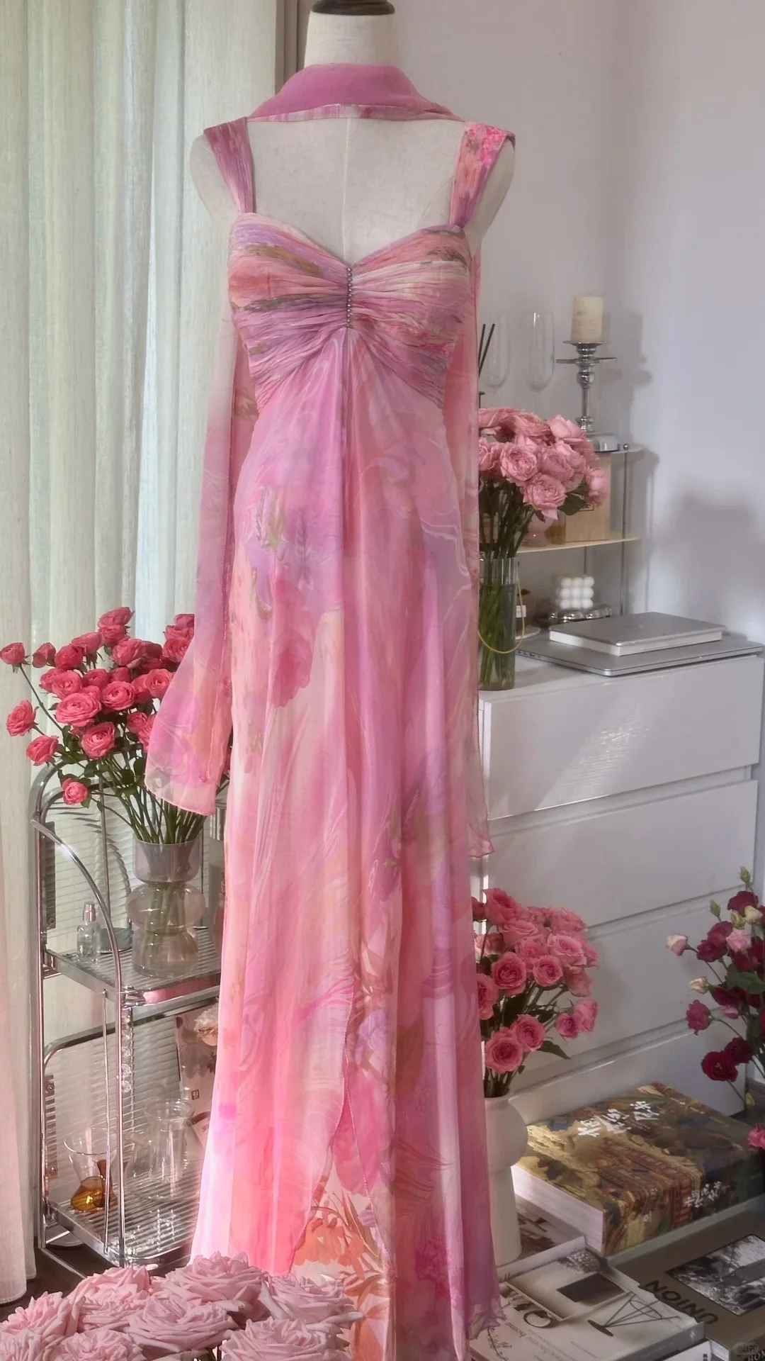 Pretty Pink Chiffon Print Long Flowing Prom Dress P3354 - Image 4
