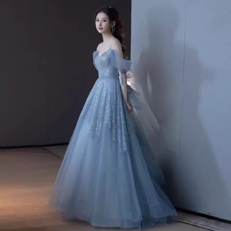 Princess A line Blue Sequin Long Prom Dresses P1009 - Image 2